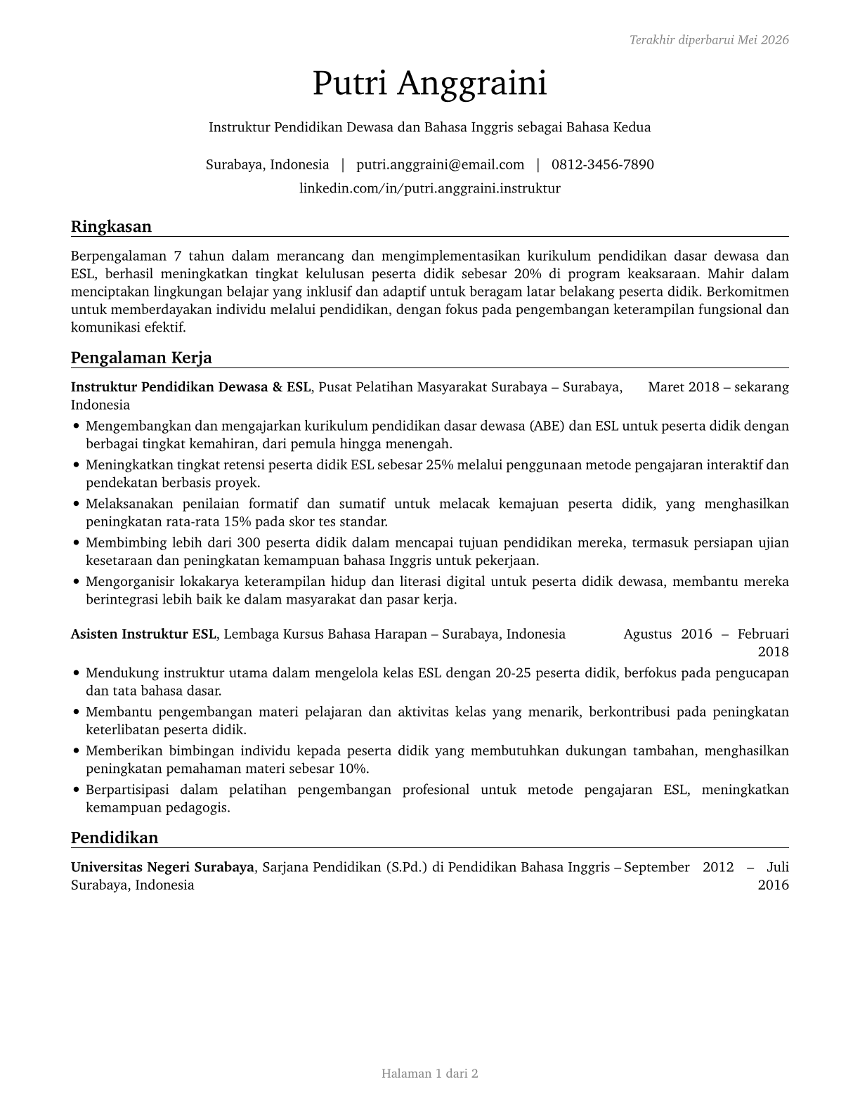 Adult Basic Education, Adult Secondary Education, and English as a Second Language Instructors CV in Indonesian — page 1