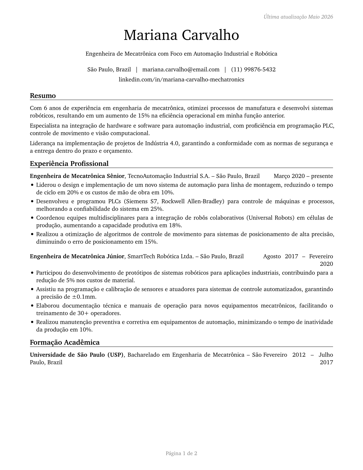 Mechatronics Engineers CV in Portuguese — page 1