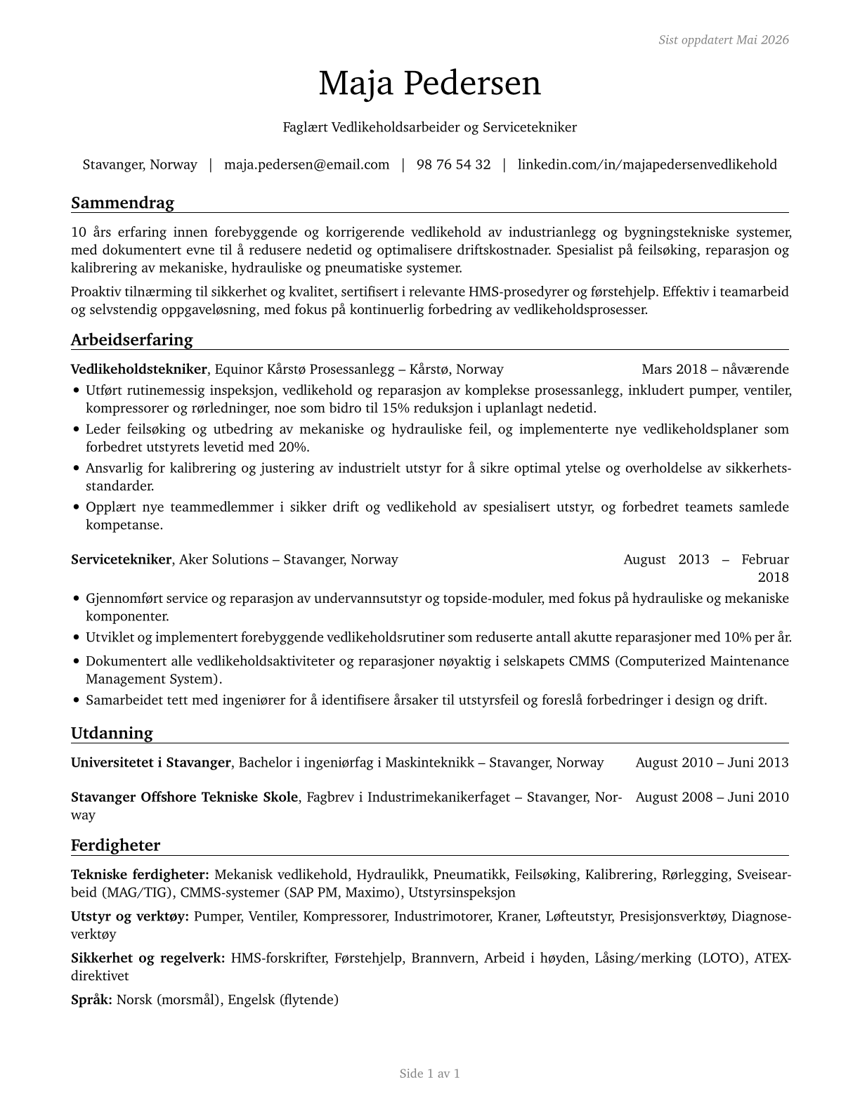 Maintenance and Repair Workers, General CV in Norwegian_bokmal — page 1