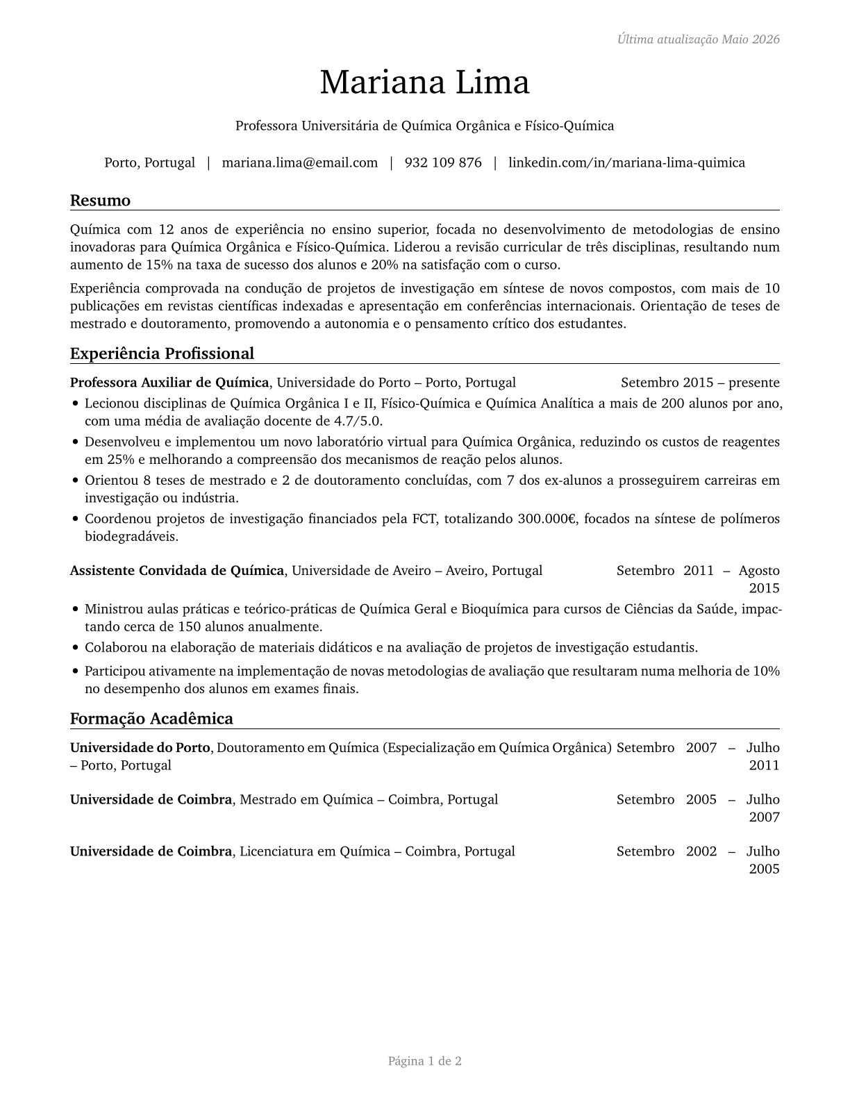 Chemistry Teachers, Postsecondary CV in Portuguese — page 1
