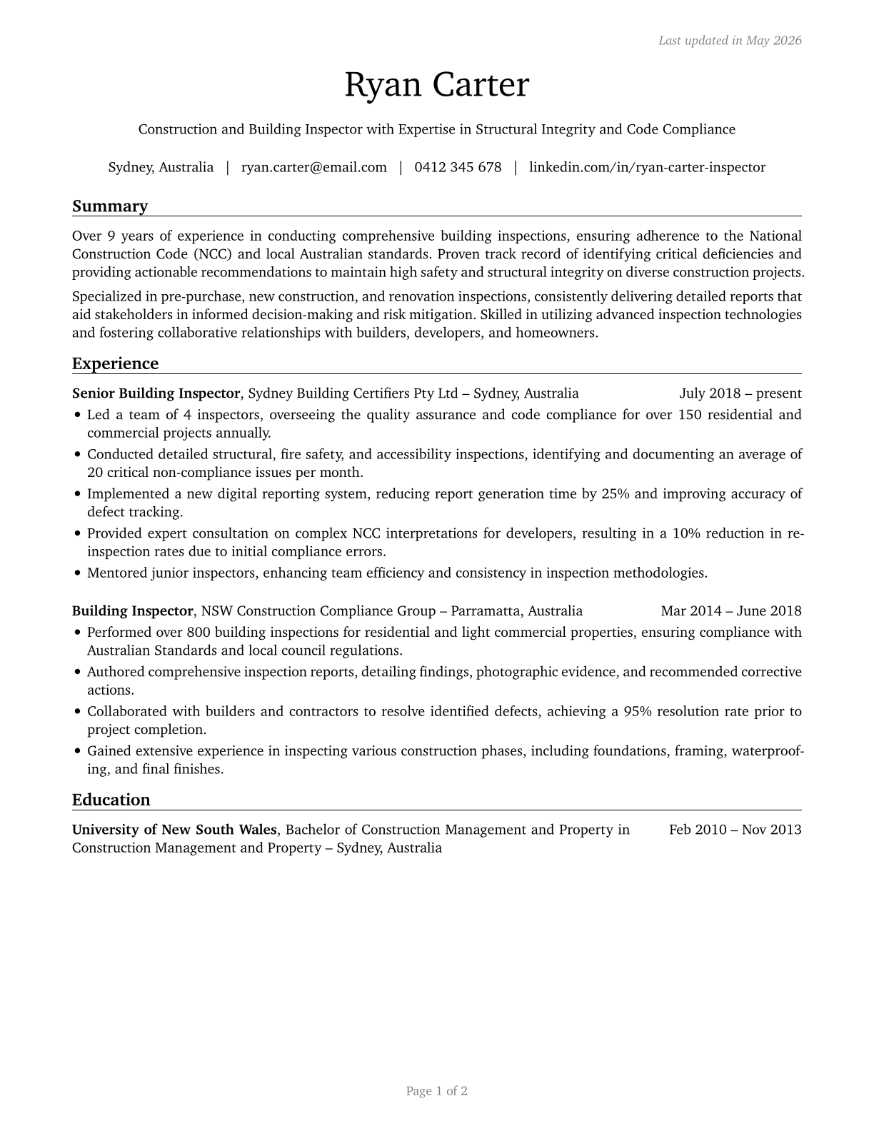 Construction and Building Inspectors CV in English — page 1