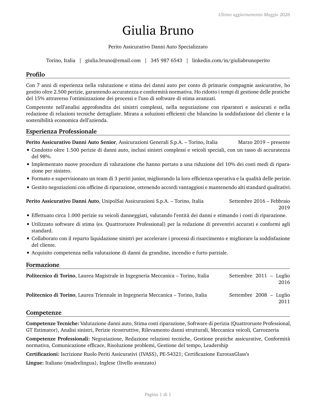 Insurance Appraisers, Auto Damage CV in Italian — page 1