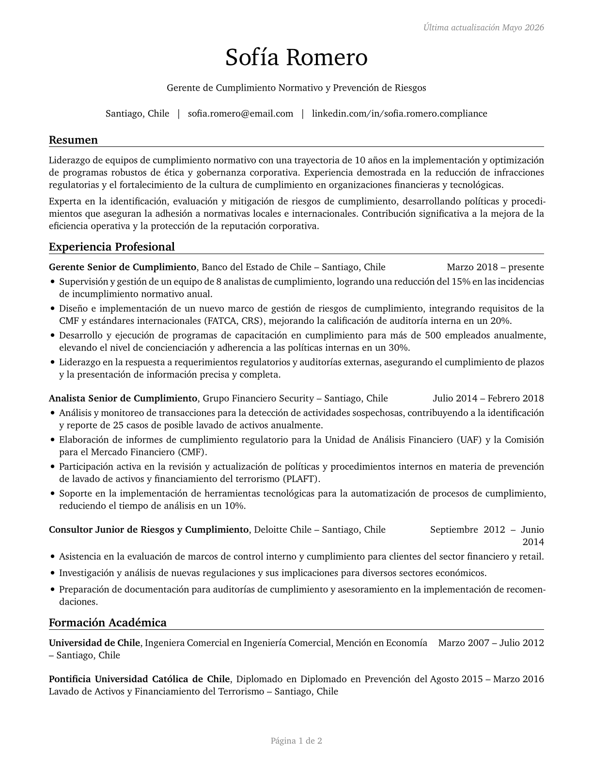 Compliance Managers CV in Spanish — page 1