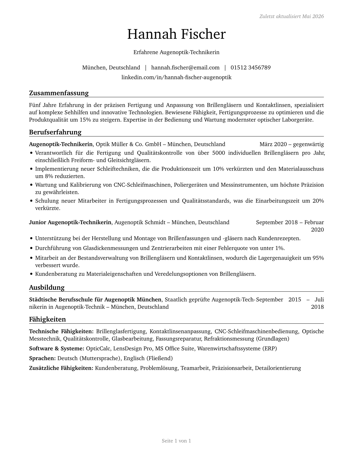 Ophthalmic Laboratory Technicians CV in German — page 1