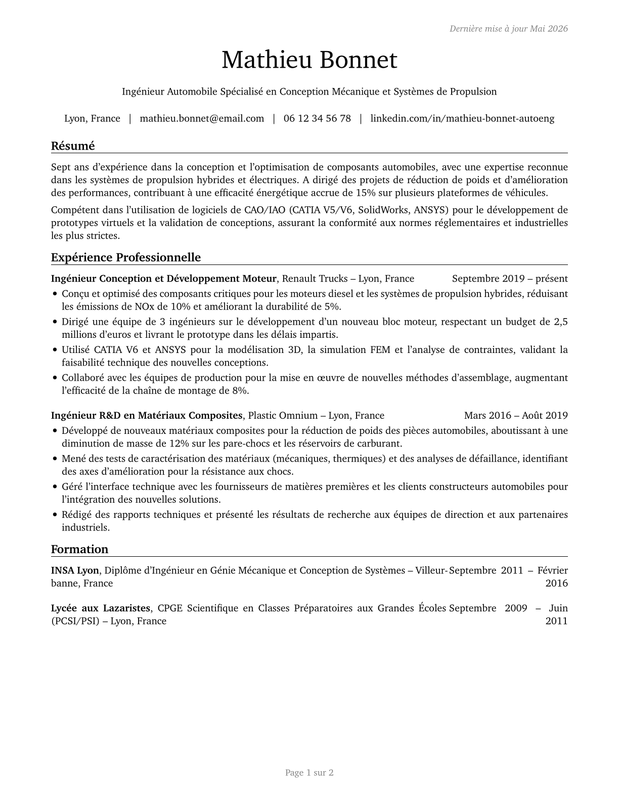 Automotive Engineers CV in French — page 1