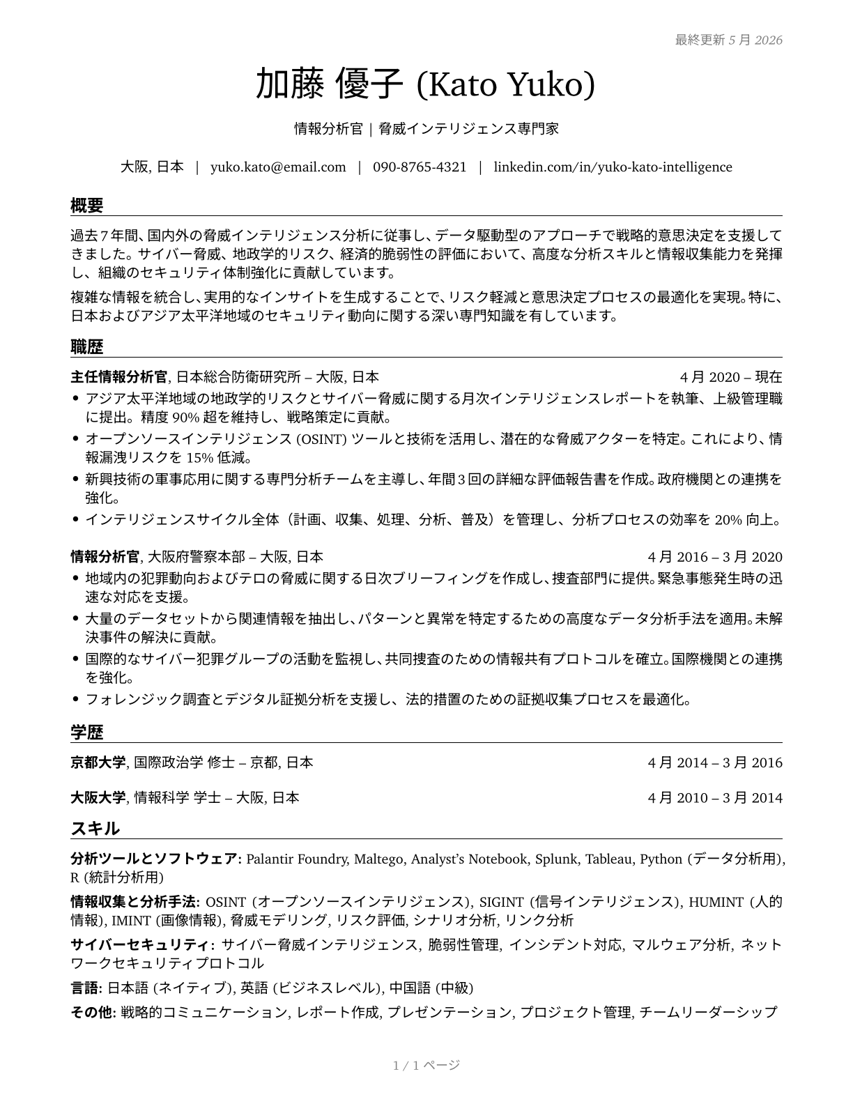 Intelligence Analysts CV in Japanese — page 1