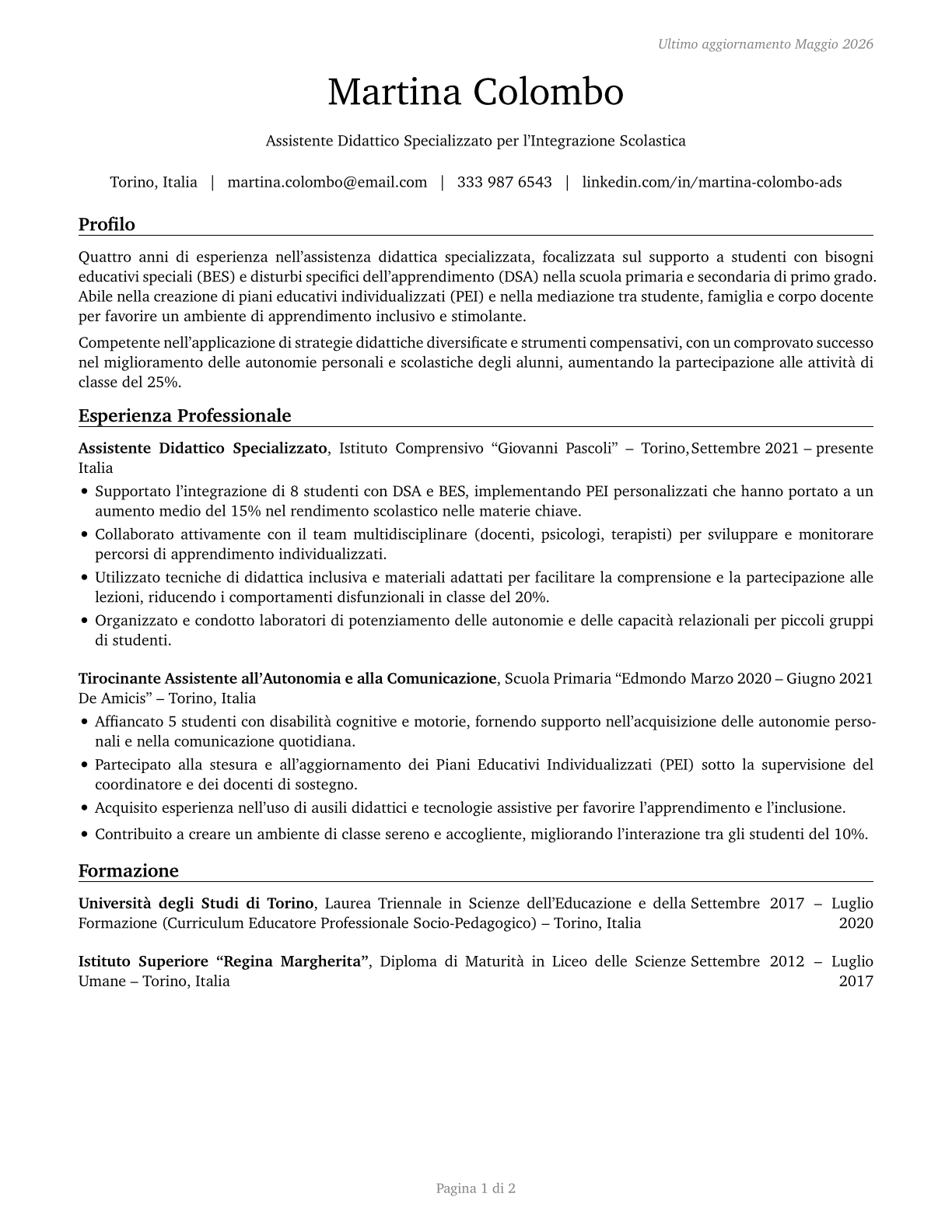 Teaching Assistants, Special Education CV in Italian — page 1