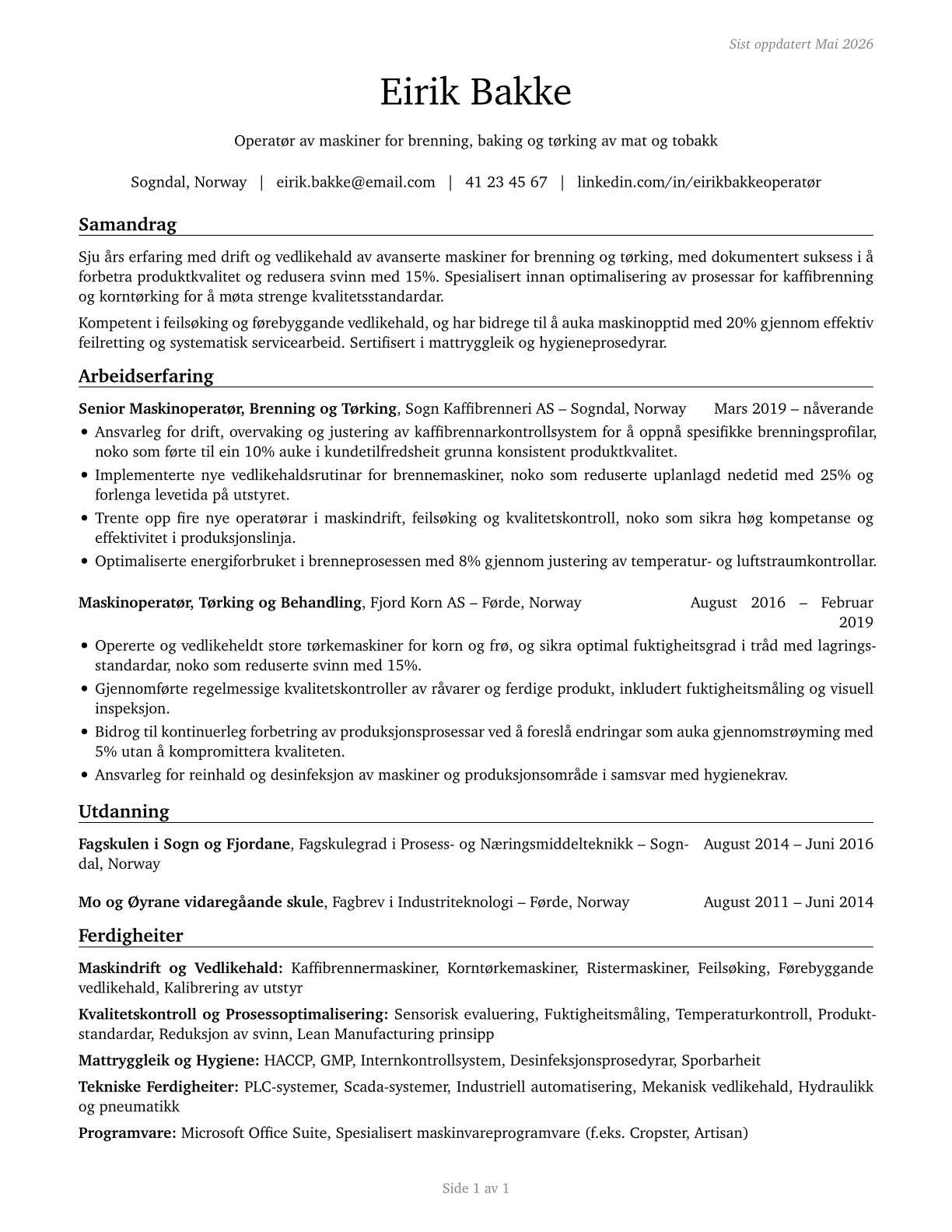 Food and Tobacco Roasting, Baking, and Drying Machine Operators and Tenders CV in Norwegian_nynorsk — page 1