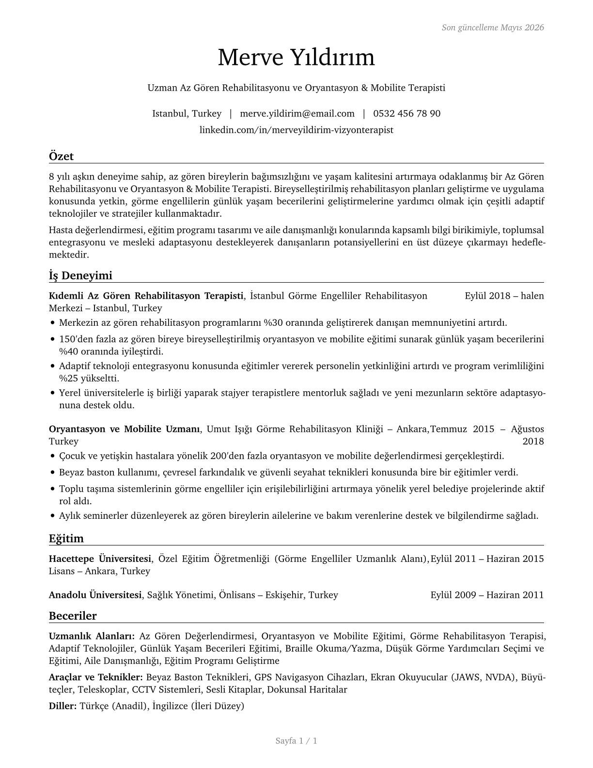 Low Vision Therapists, Orientation and Mobility Specialists, and Vision Rehabilitation Therapists CV in Turkish — page 1