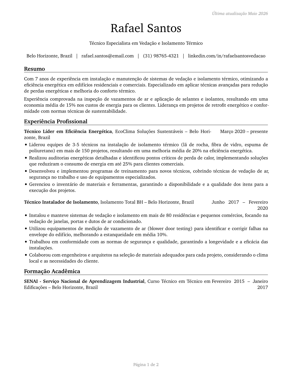 Weatherization Installers and Technicians CV in Portuguese — page 1