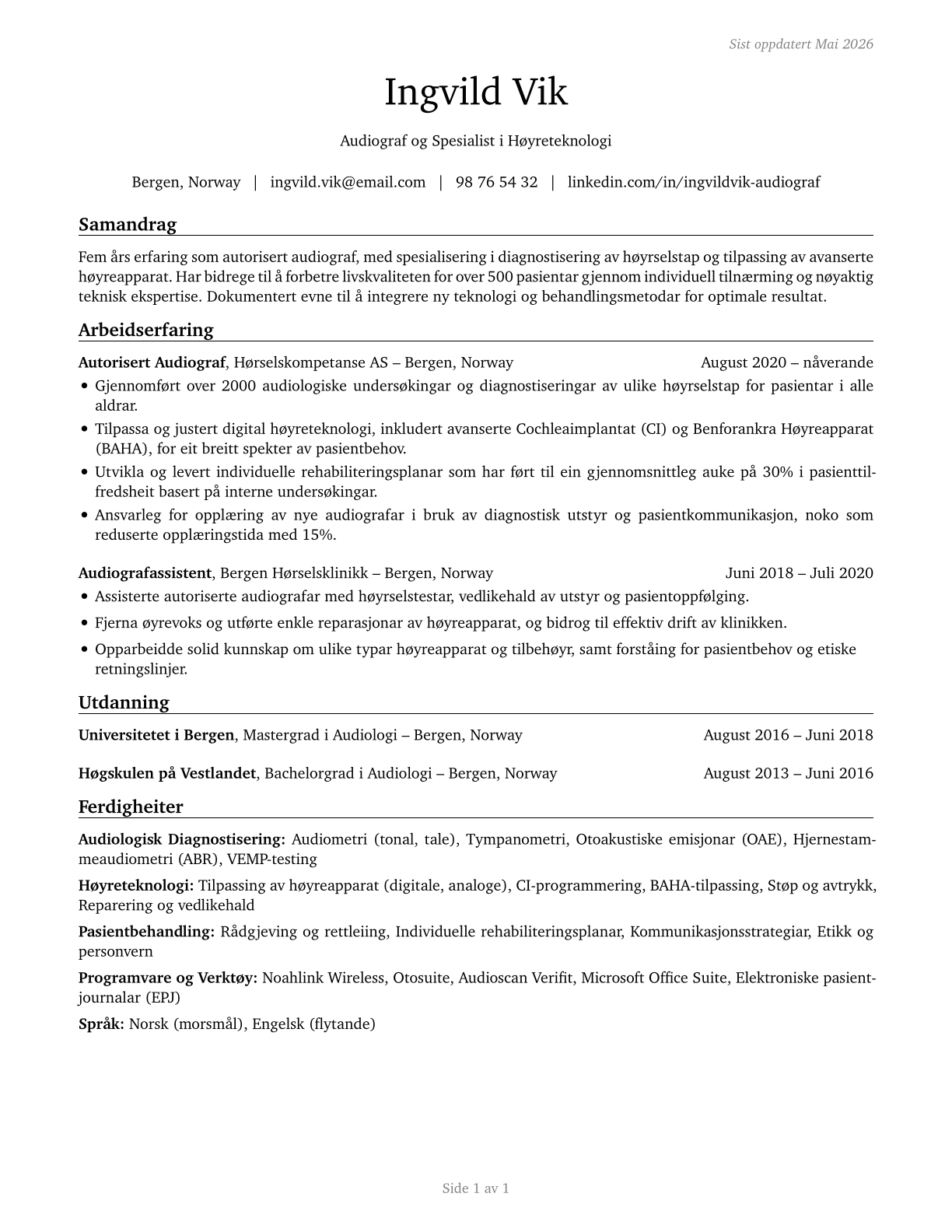 Hearing Aid Specialists CV in Norwegian_nynorsk — page 1