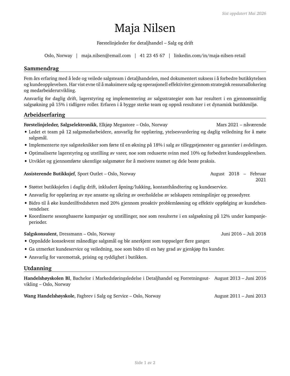 First-Line Supervisors of Retail Sales Workers CV in Norwegian_bokmal — page 1