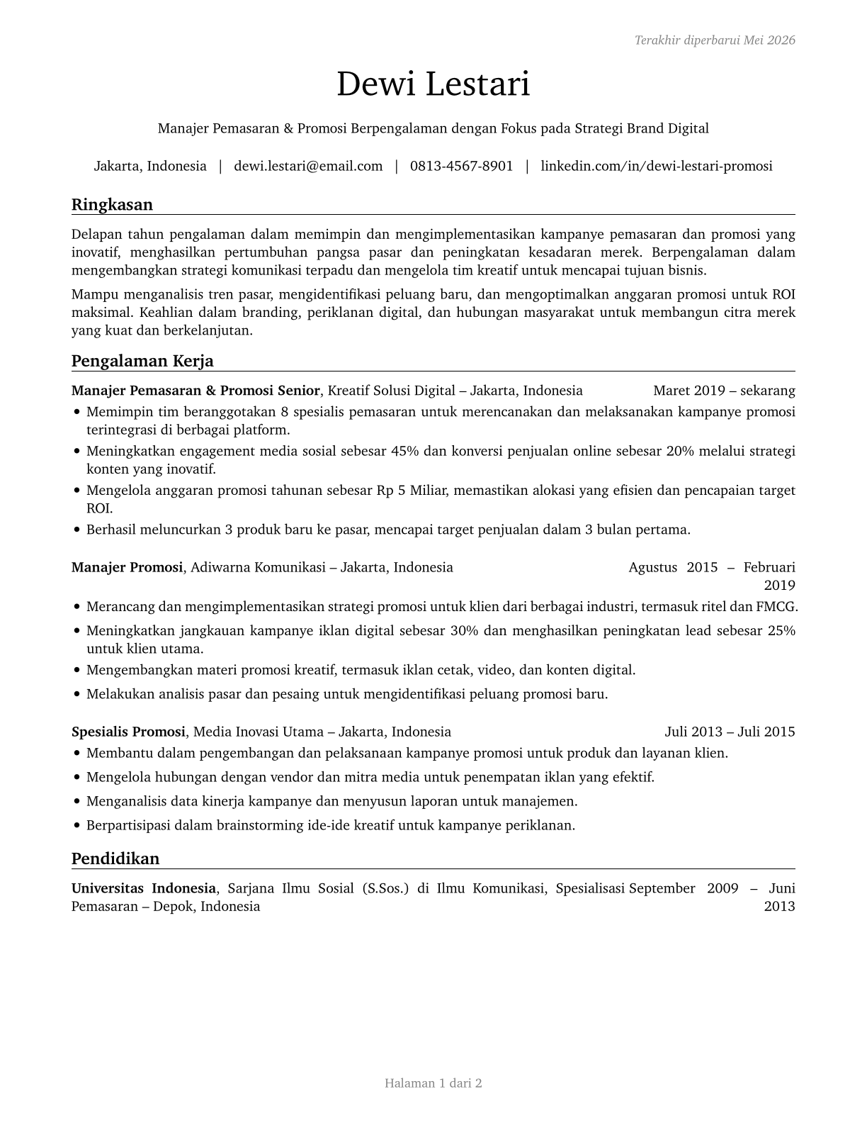 Advertising and Promotions Managers CV in Indonesian — page 1
