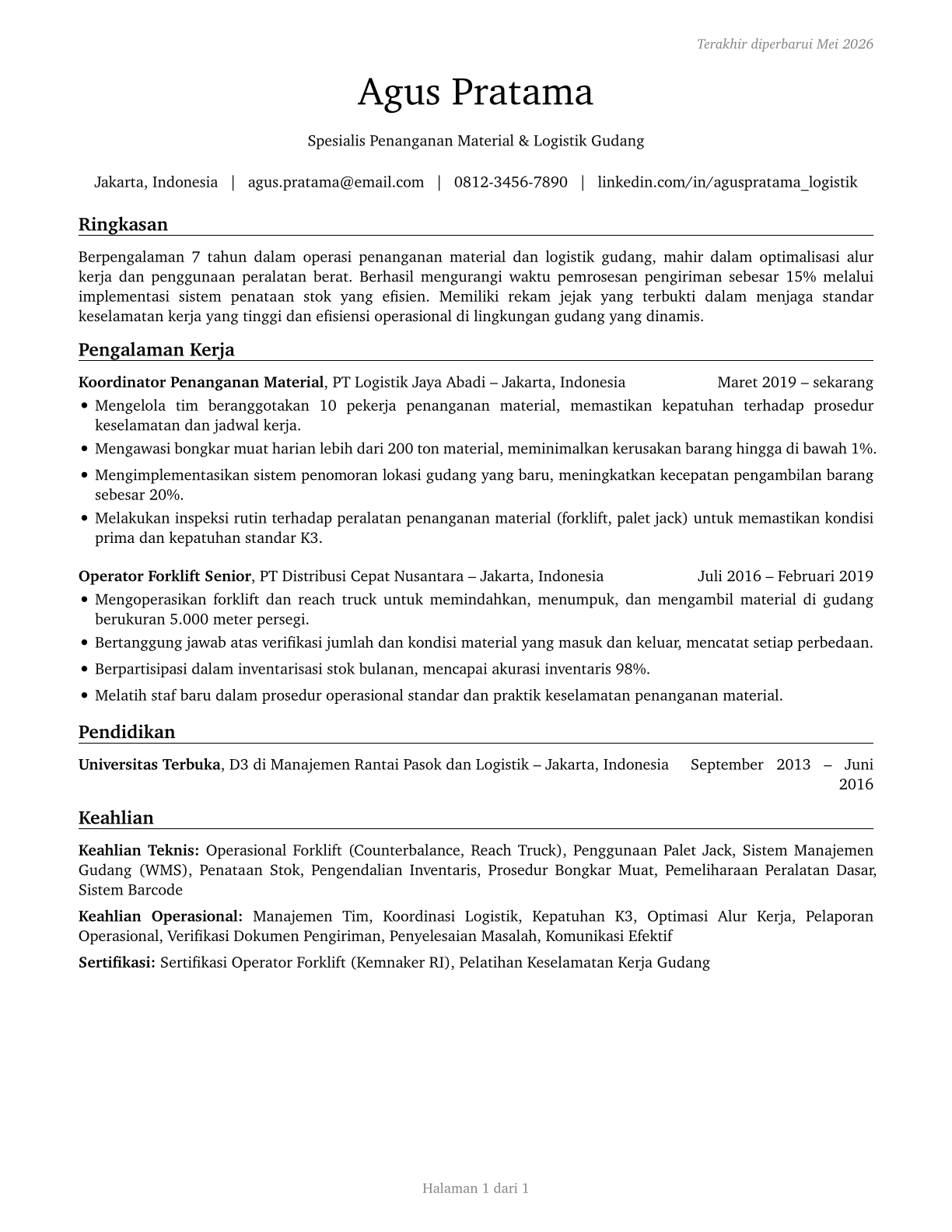 Material Moving Workers, All Other CV in Indonesian — page 1