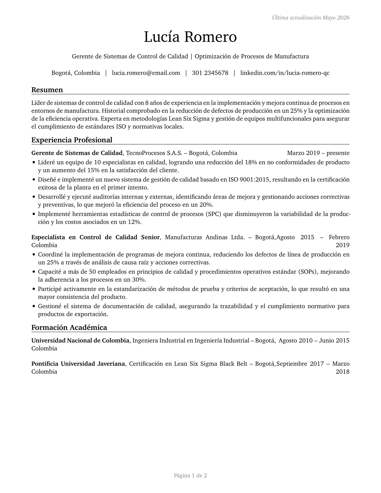 Quality Control Systems Managers CV in Spanish — page 1