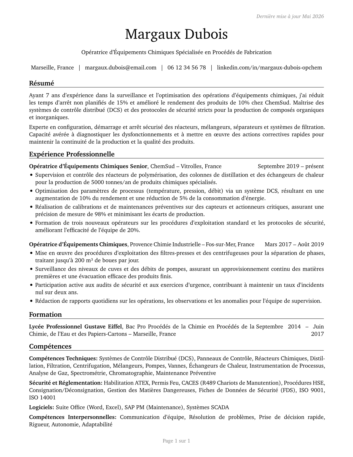 Chemical Equipment Operators and Tenders CV in French — page 1