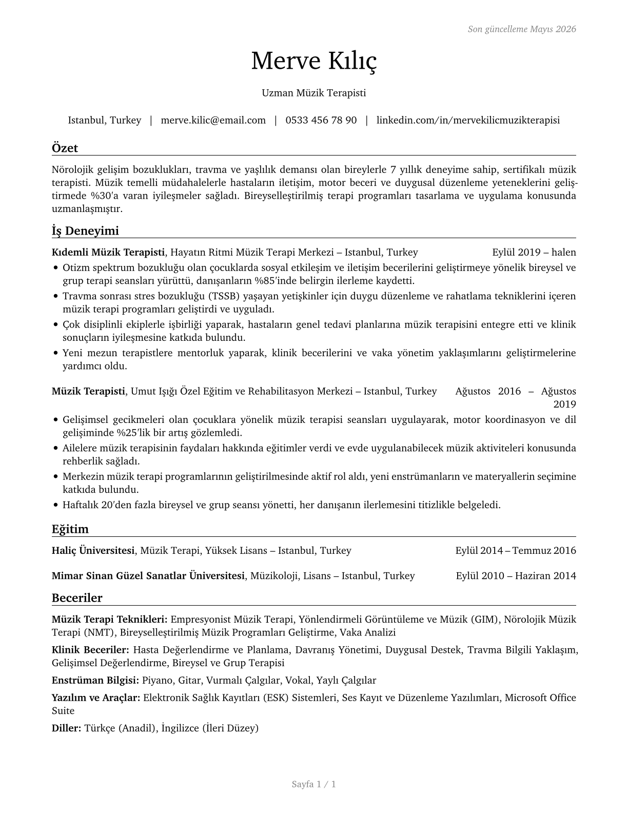 Music Therapists CV in Turkish — page 1
