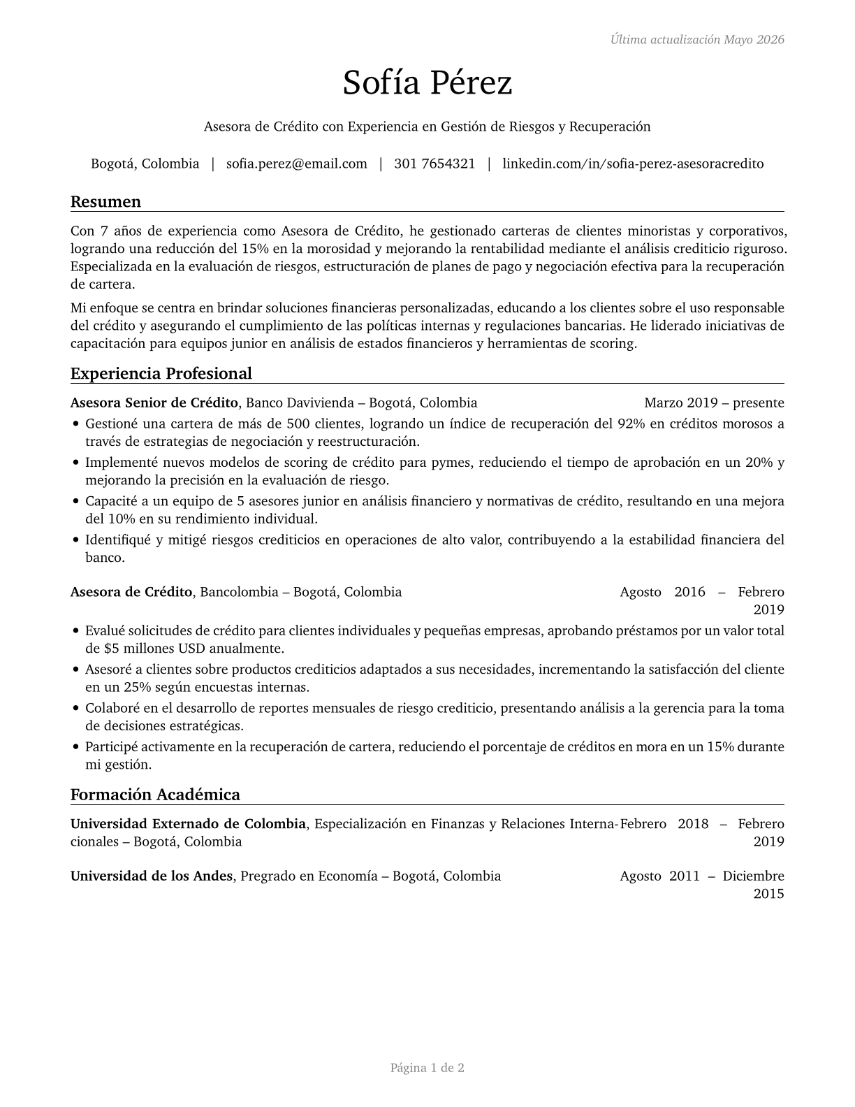 Credit Counselors CV in Spanish — page 1