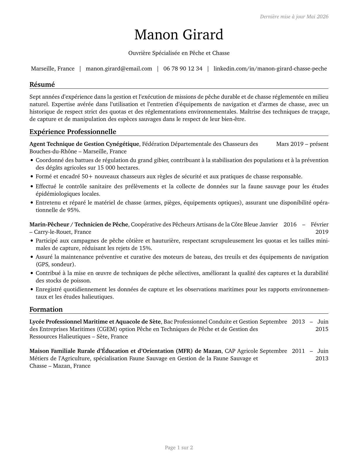 Fishing and Hunting Workers CV in French — page 1