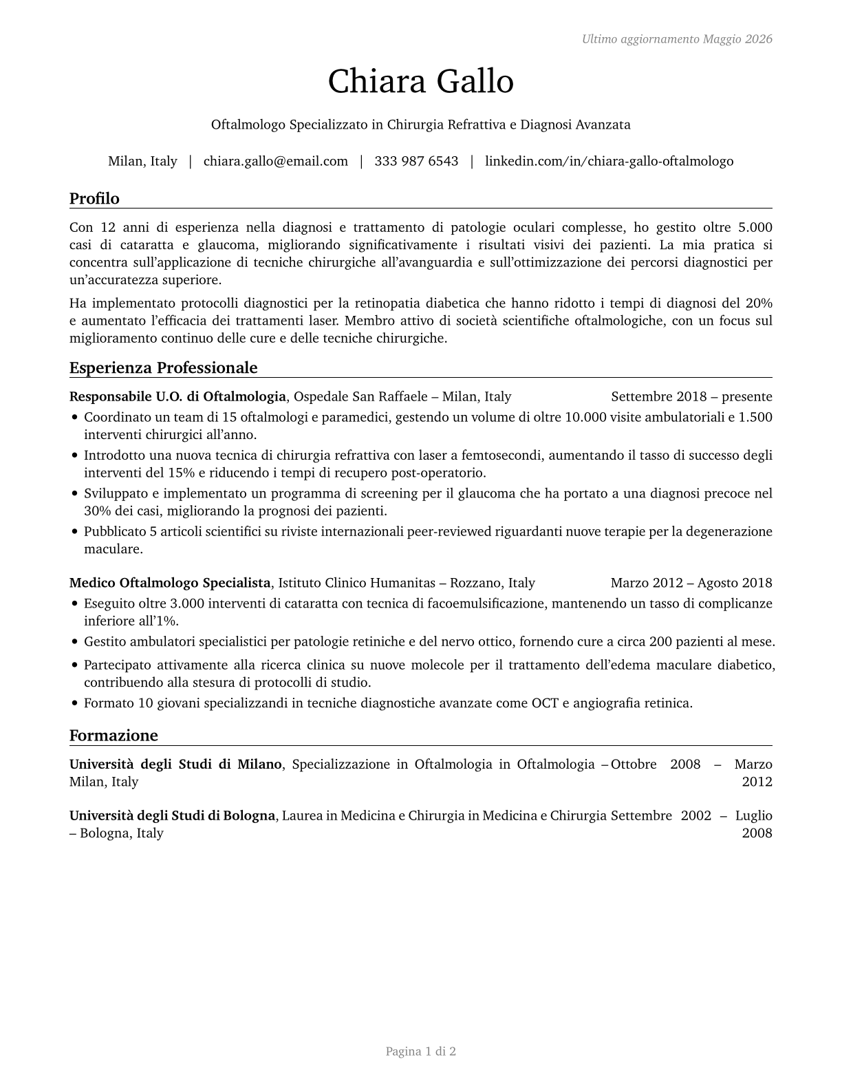 Ophthalmologists, Except Pediatric CV in Italian — page 1