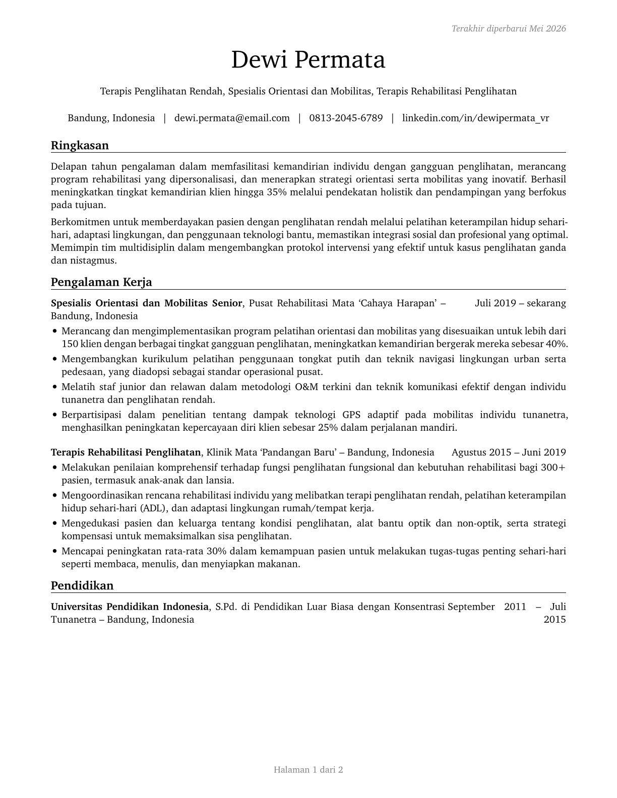 Low Vision Therapists, Orientation and Mobility Specialists, and Vision Rehabilitation Therapists CV in Indonesian — page 1