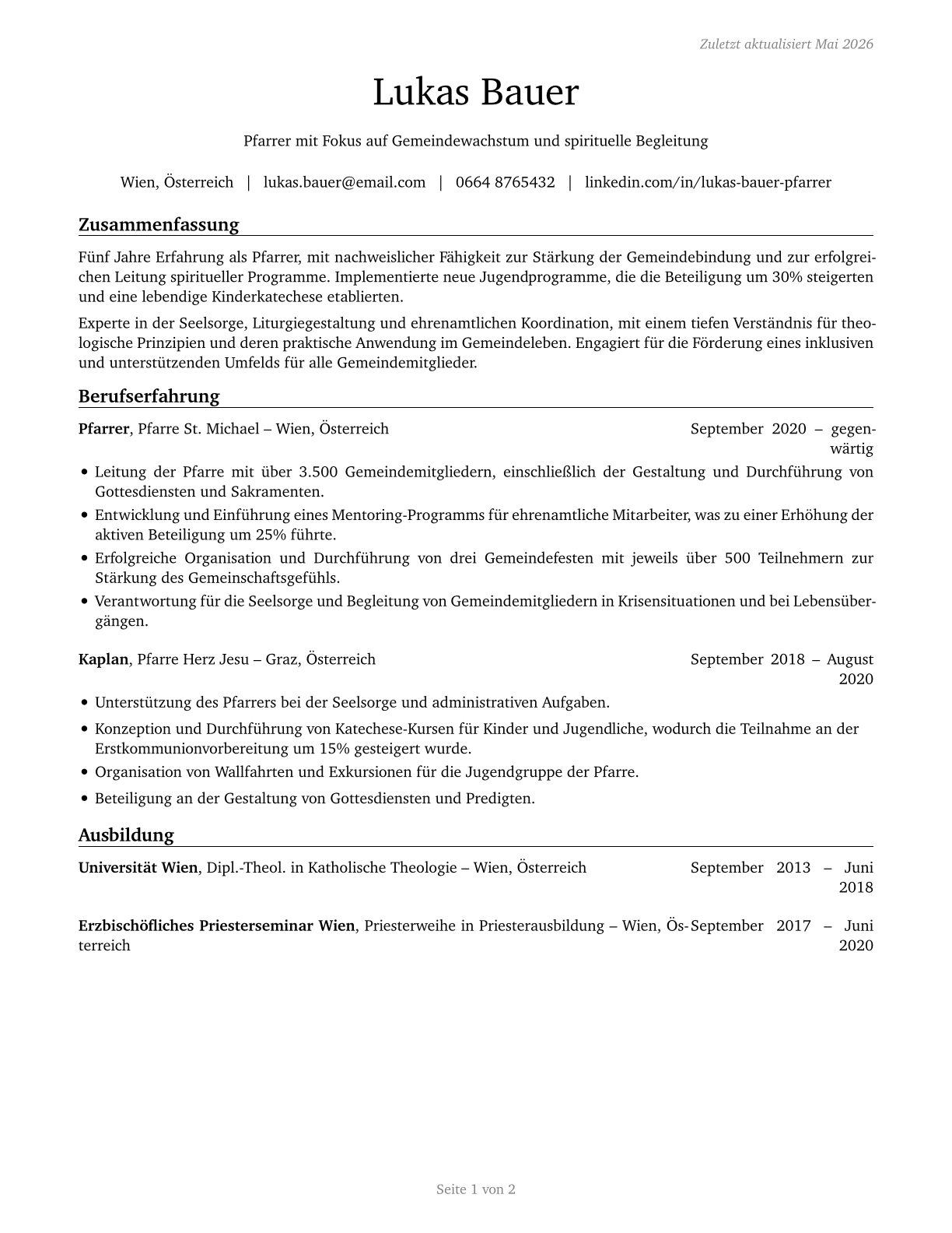 Clergy CV in German — page 1