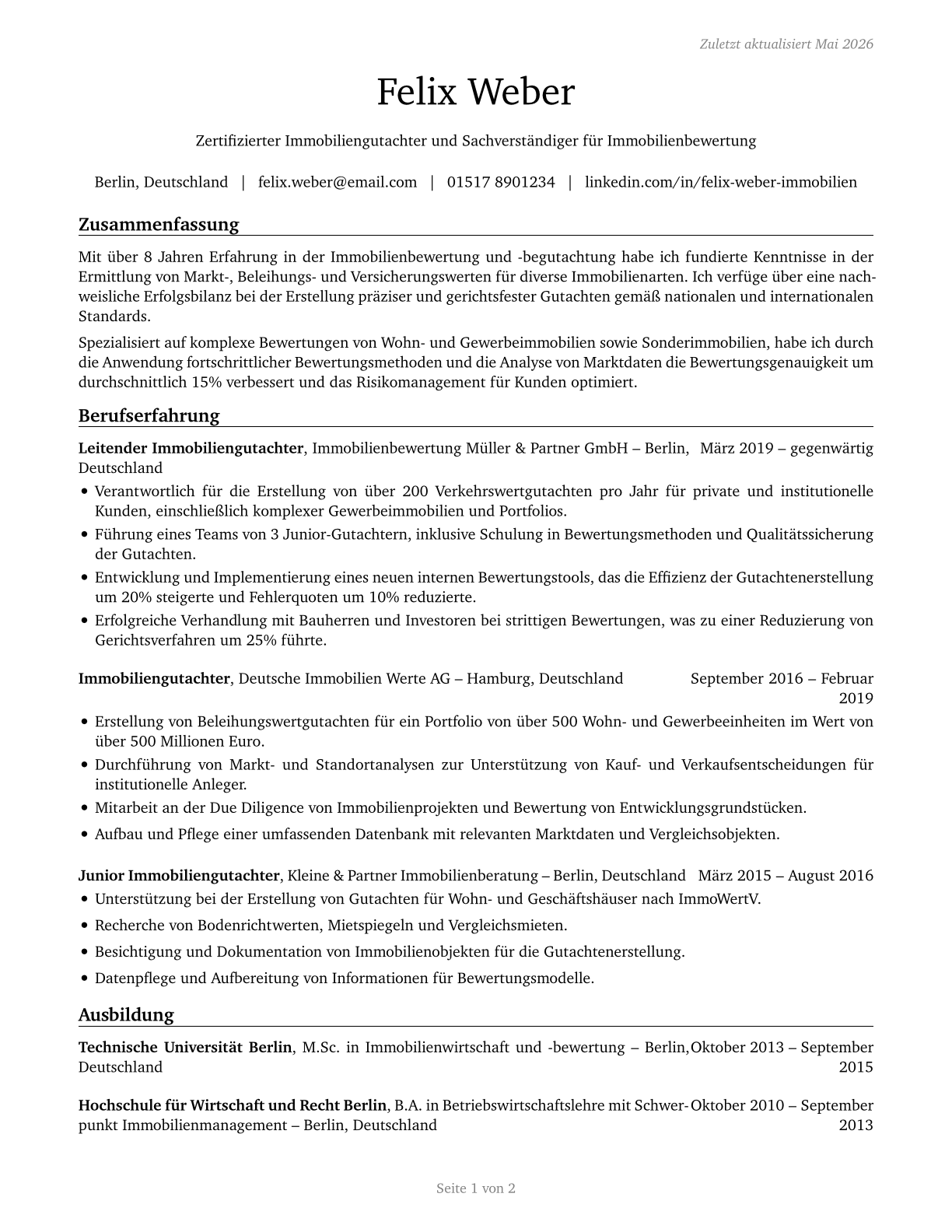 Appraisers and Assessors of Real Estate CV in German — page 1