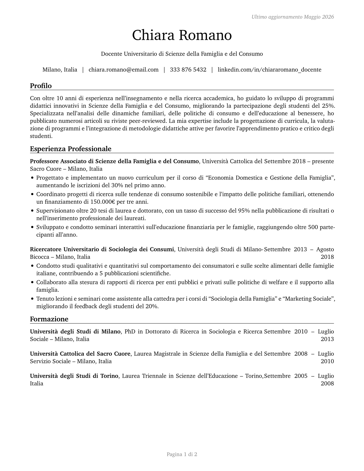 Family and Consumer Sciences Teachers, Postsecondary CV in Italian — page 1