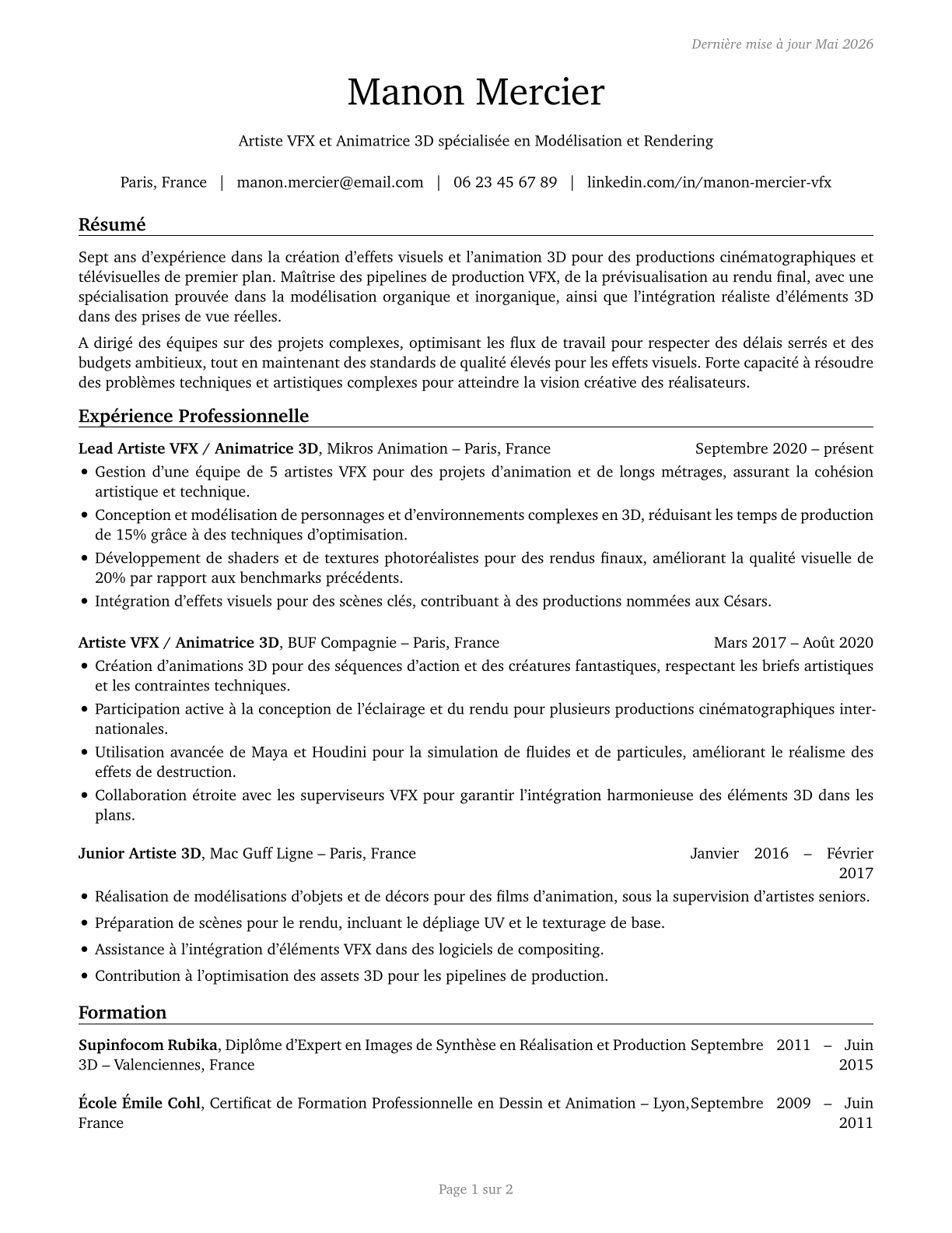 Special Effects Artists and Animators CV in French — page 1