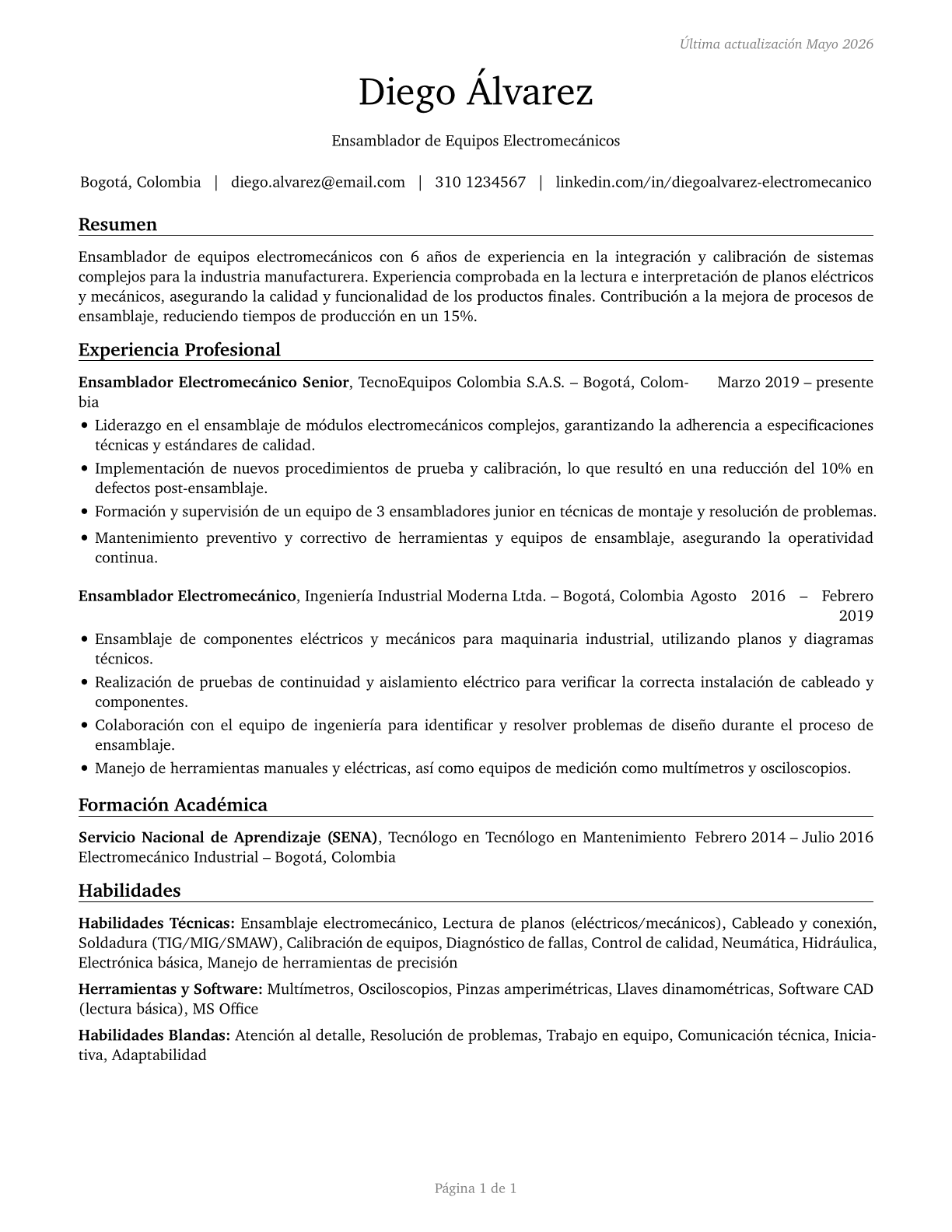 Electromechanical Equipment Assemblers CV in Spanish — page 1