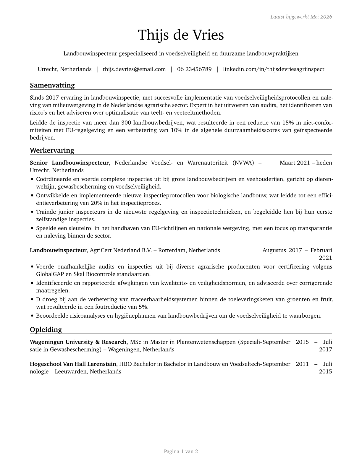 Agricultural Inspectors CV in Dutch — page 1