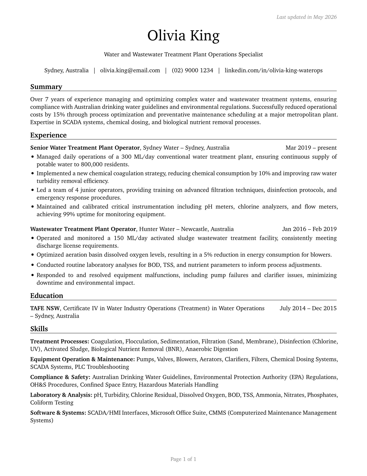 Water and Wastewater Treatment Plant and System Operators CV in English — page 1