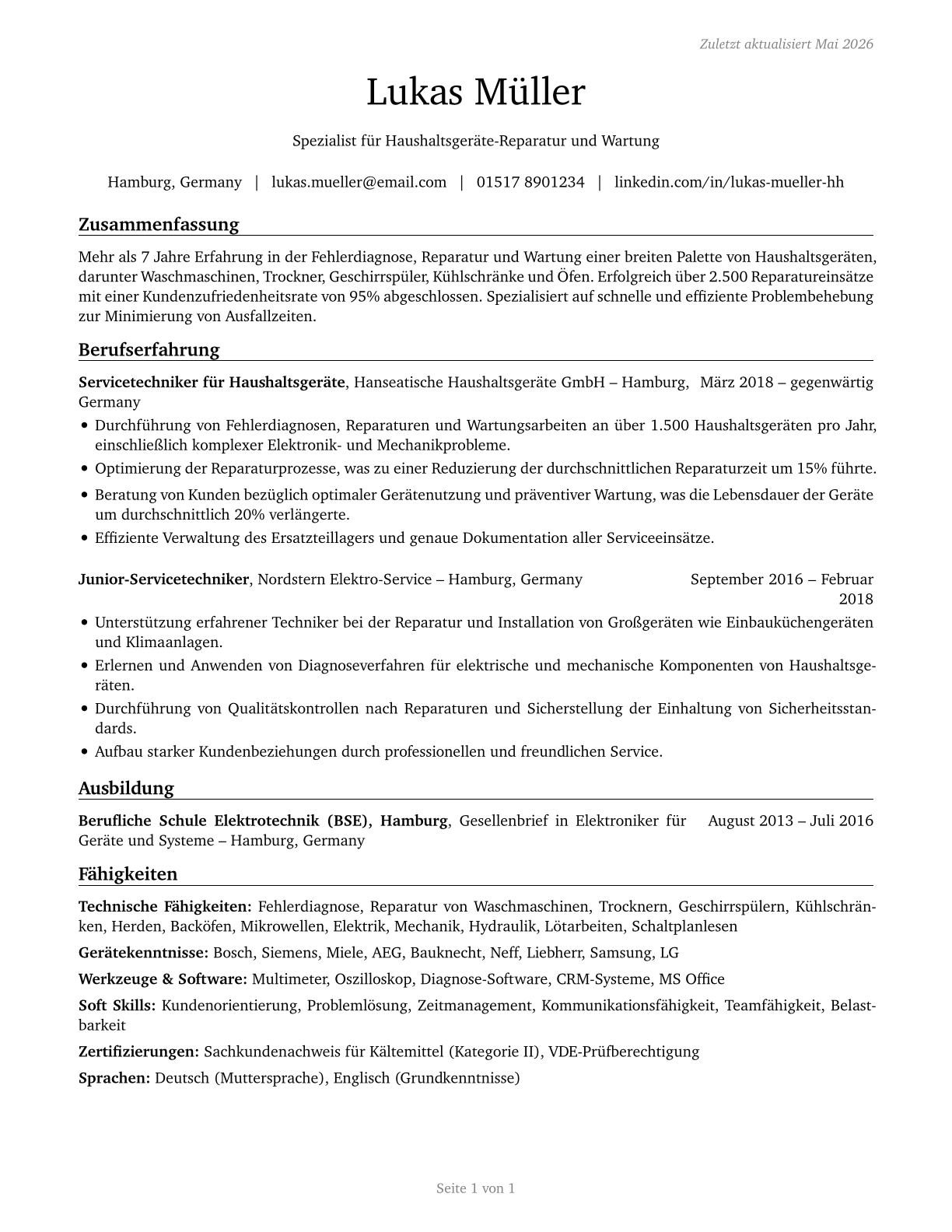 Home Appliance Repairers CV in German — page 1