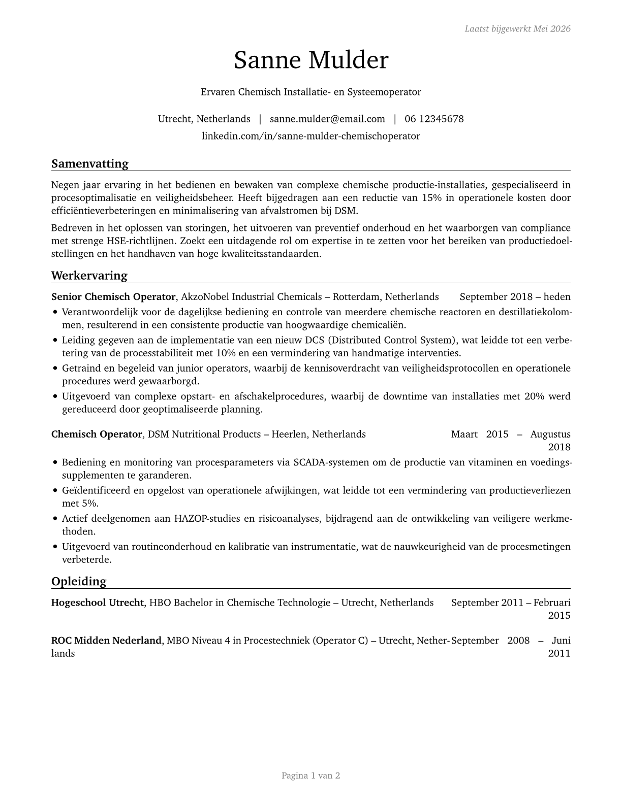 Chemical Plant and System Operators CV in Dutch — page 1