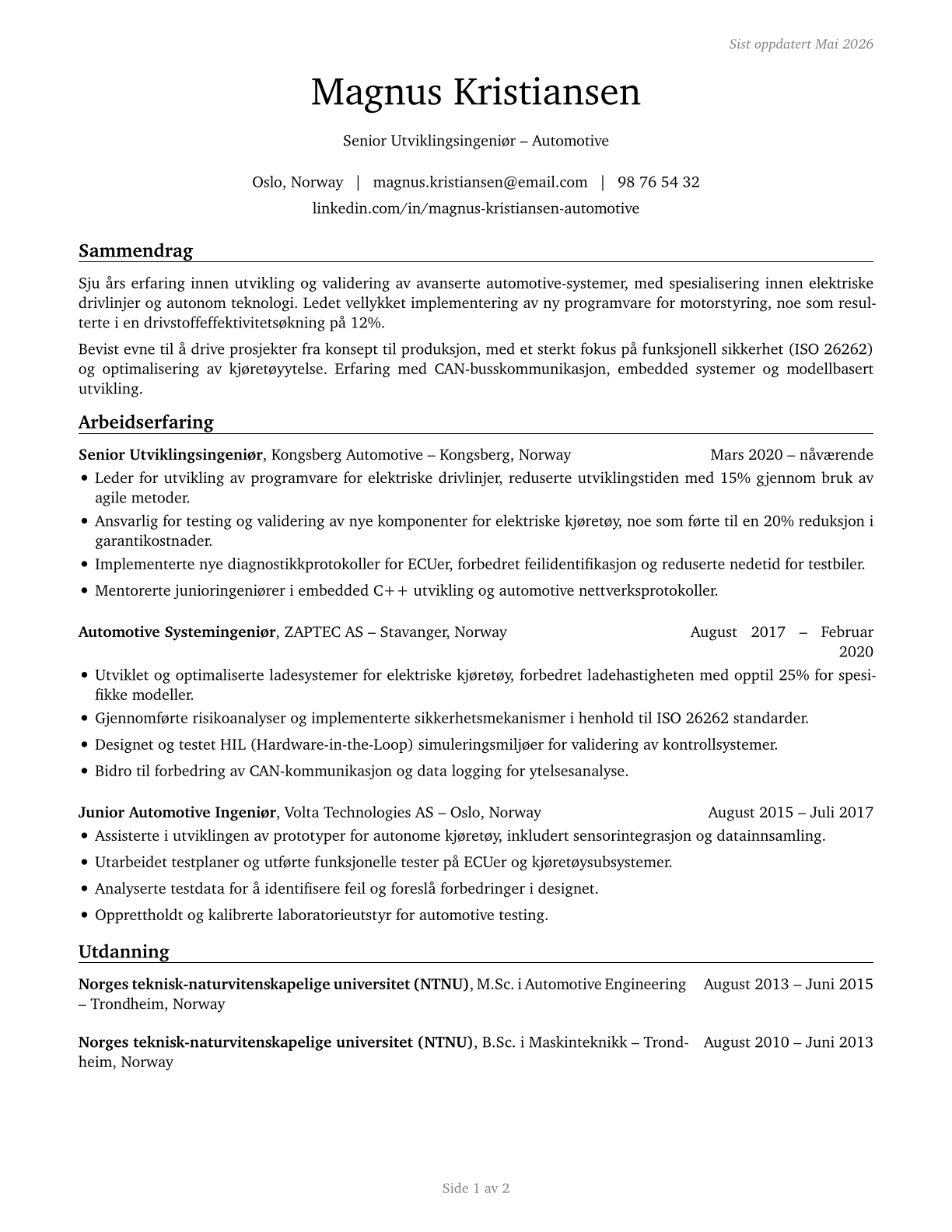 Automotive Engineers CV in Norwegian_bokmal — page 1