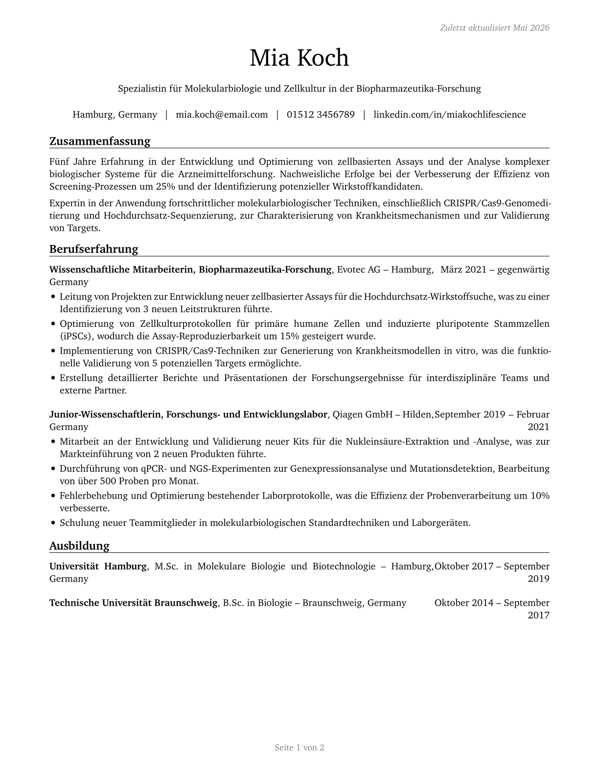 Life Scientists, All Other CV in German — page 1