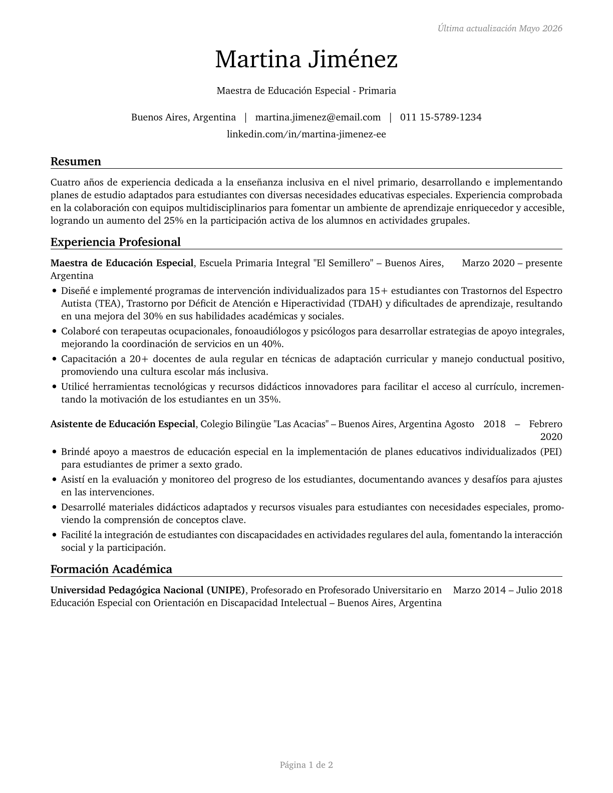 Special Education Teachers, Elementary School CV in Spanish — page 1