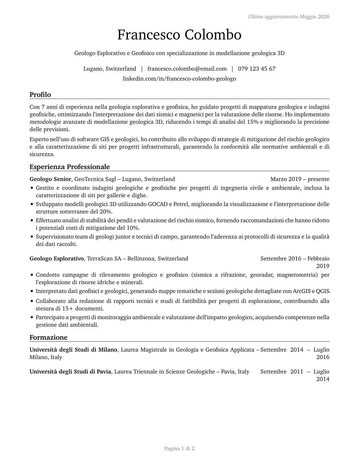 Geoscientists, Except Hydrologists and Geographers CV in Italian — page 1
