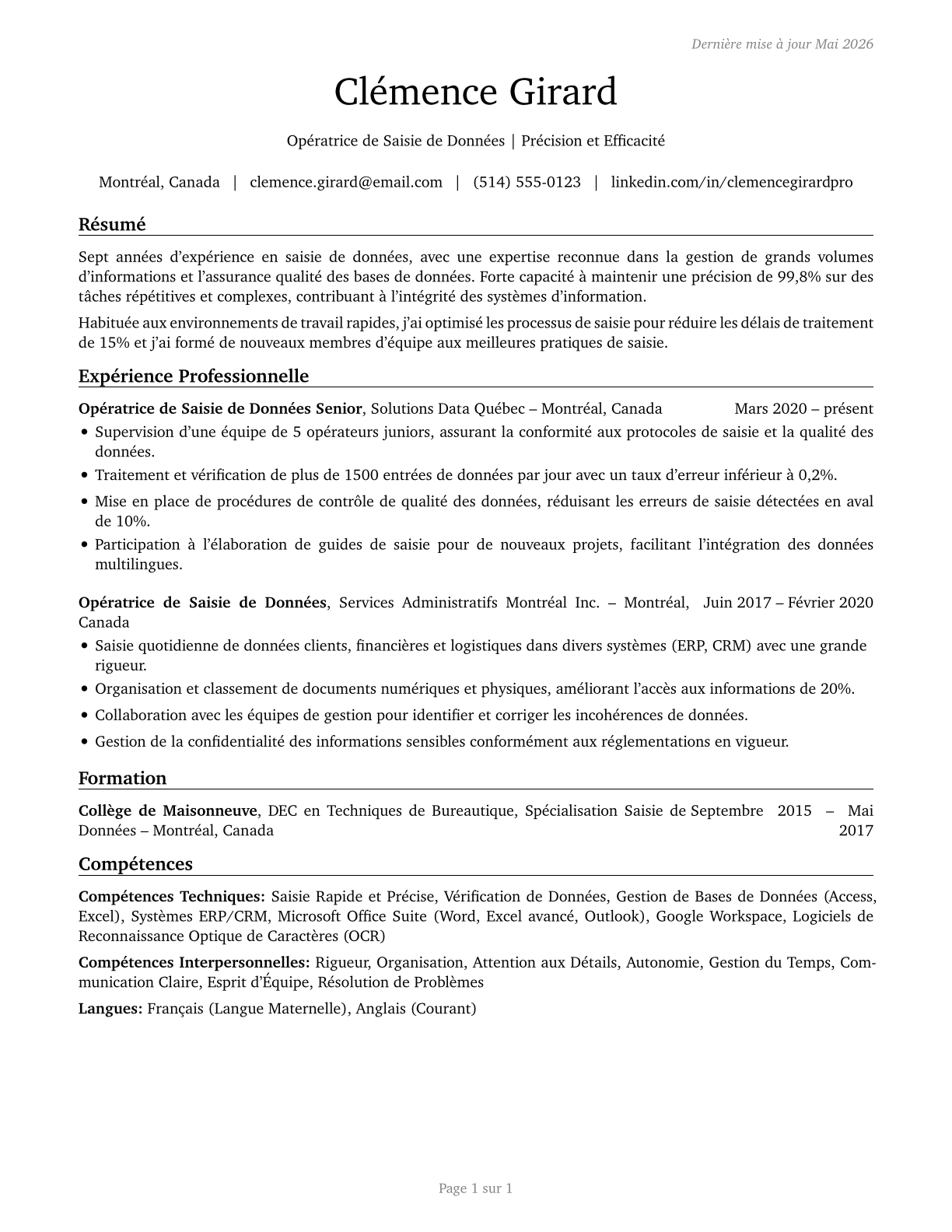 Data Entry Keyers CV in French — page 1