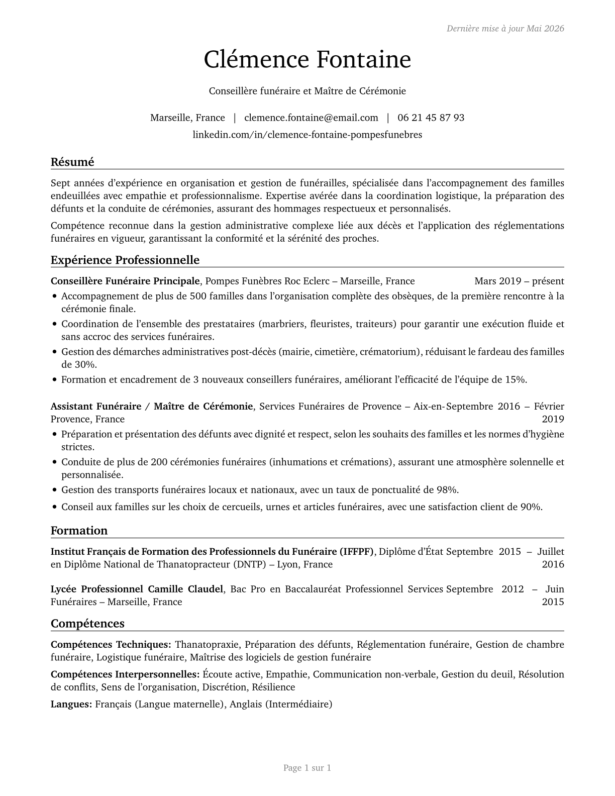 Morticians, Undertakers, and Funeral Arrangers CV in French — page 1