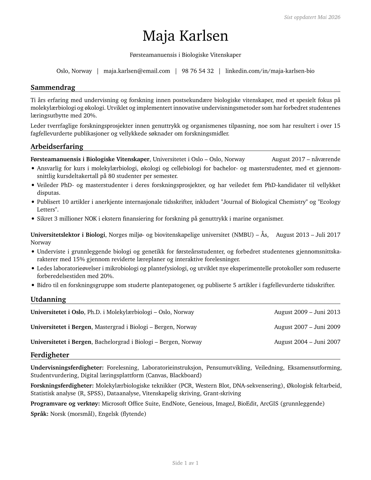 Biological Science Teachers, Postsecondary CV in Norwegian_bokmal — page 1