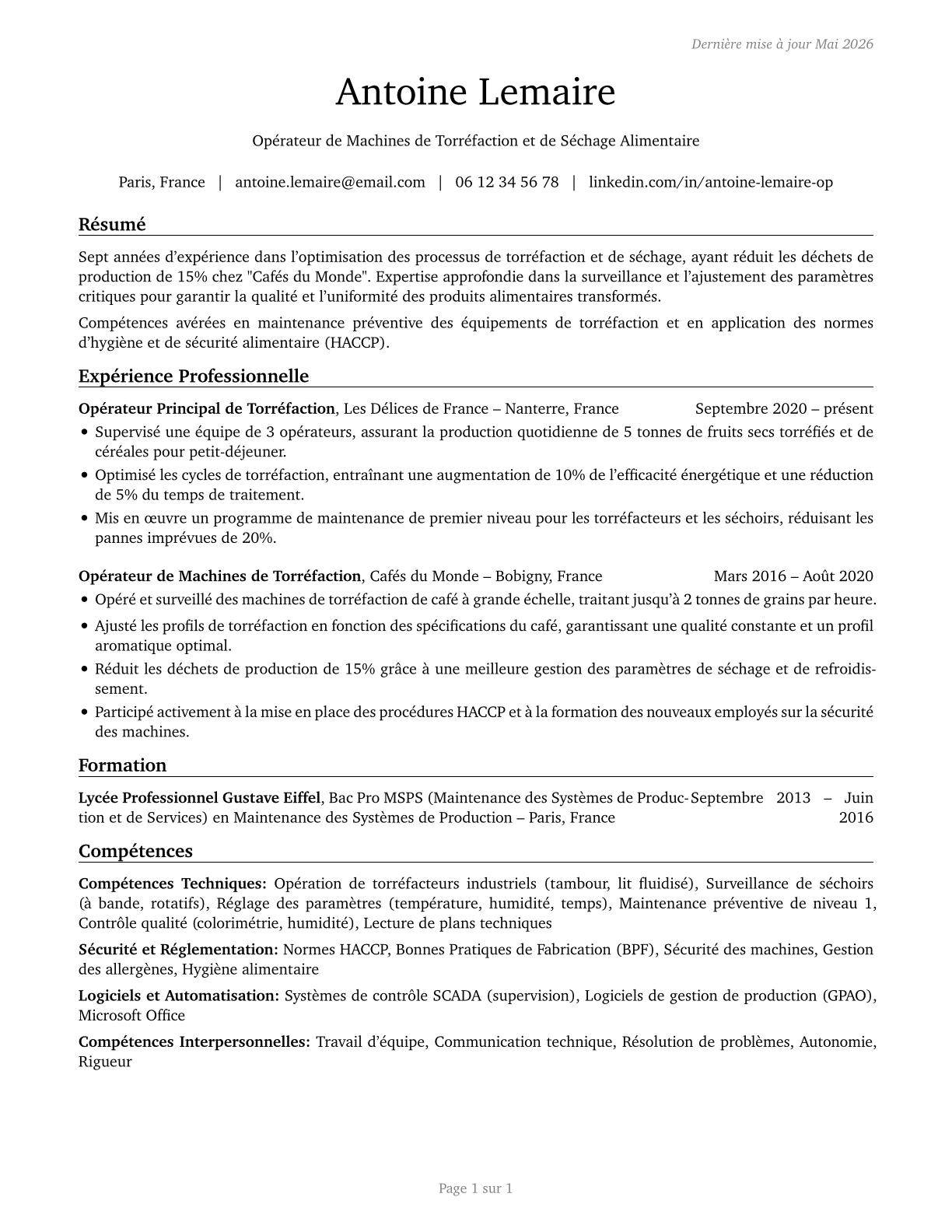 Food and Tobacco Roasting, Baking, and Drying Machine Operators and Tenders CV in French — page 1