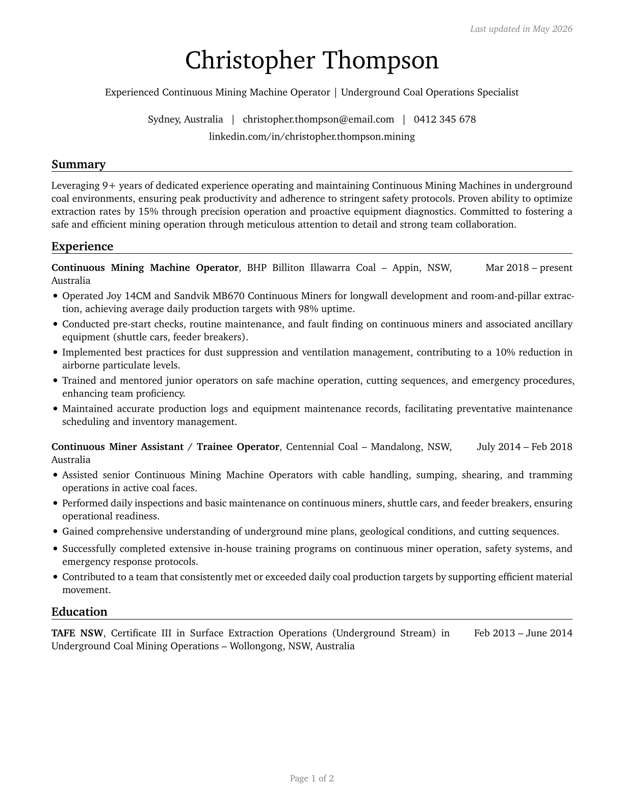 Continuous Mining Machine Operators CV in English — page 1