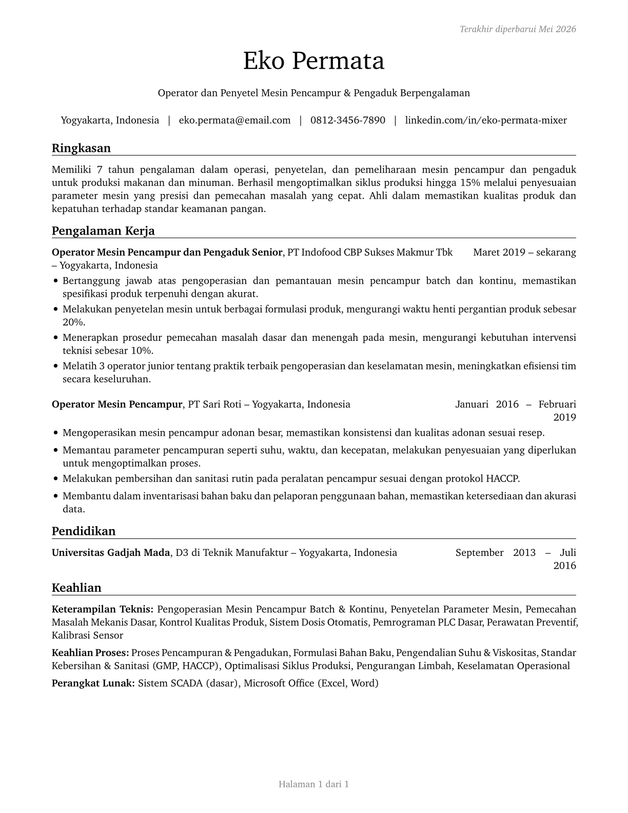 Mixing and Blending Machine Setters, Operators, and Tenders CV in Indonesian — page 1