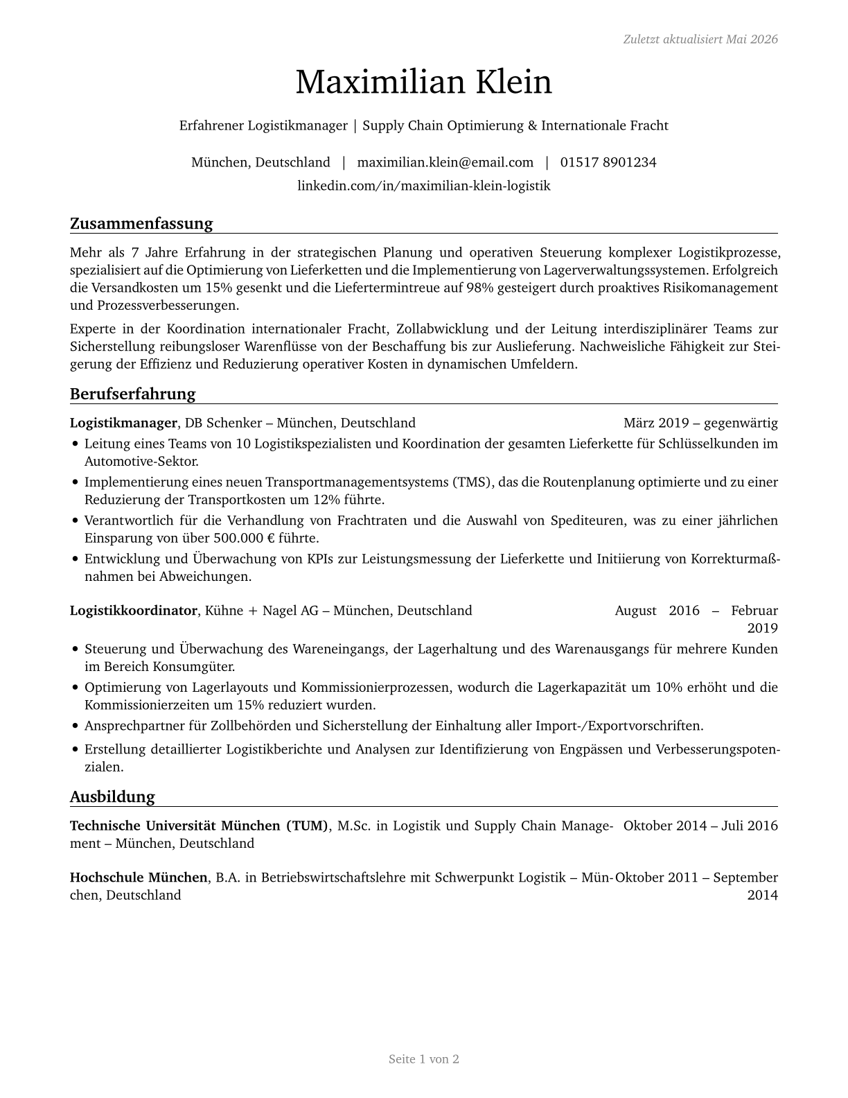 Logisticians CV in German — page 1