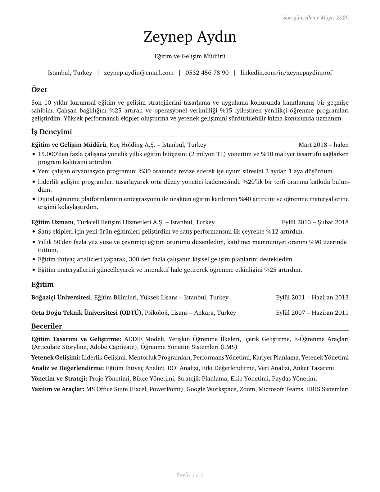 Training and Development Managers CV in Turkish — page 1
