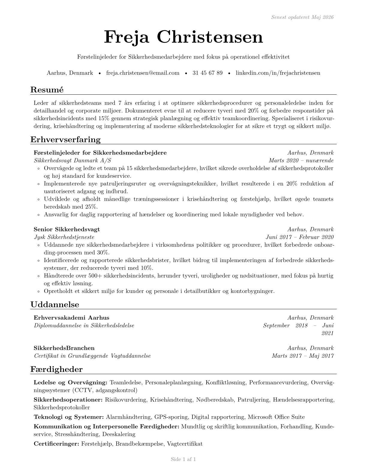 First-Line Supervisors of Security Workers CV in Danish — page 1