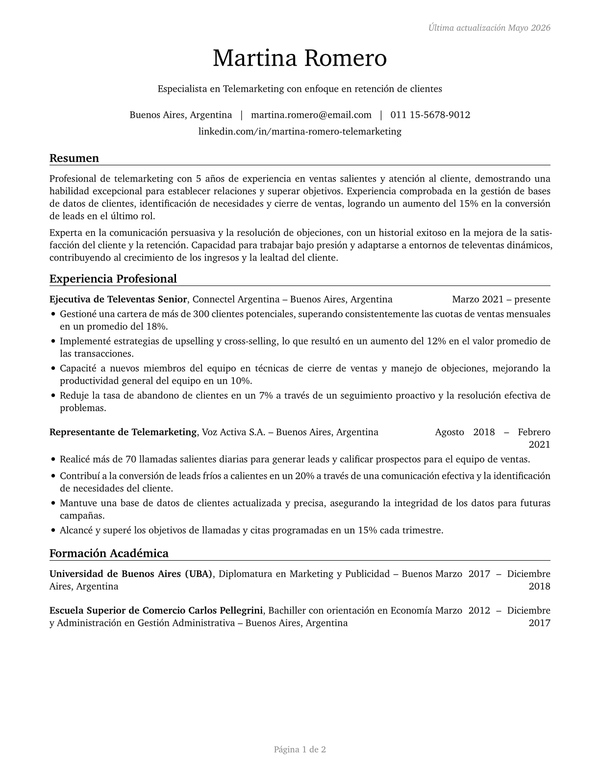 Telemarketers CV in Spanish — page 1