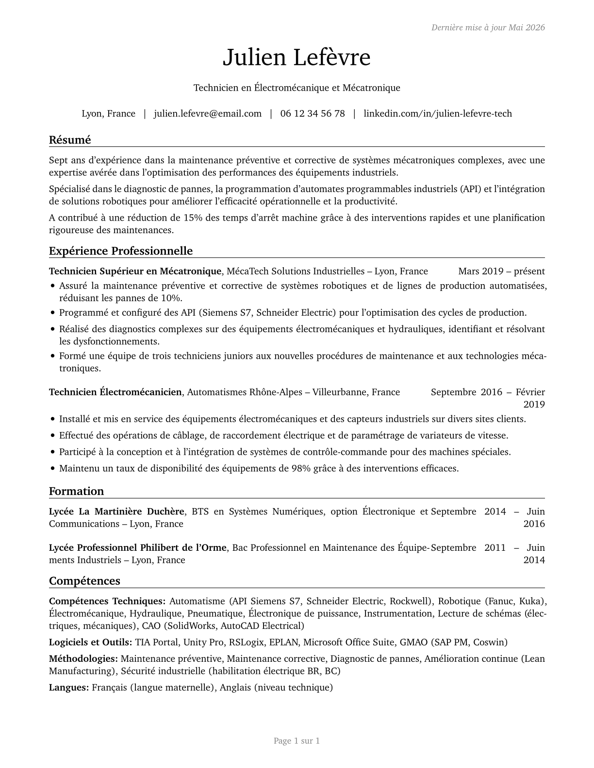 Electro-Mechanical and Mechatronics Technologists and Technicians CV in French — page 1