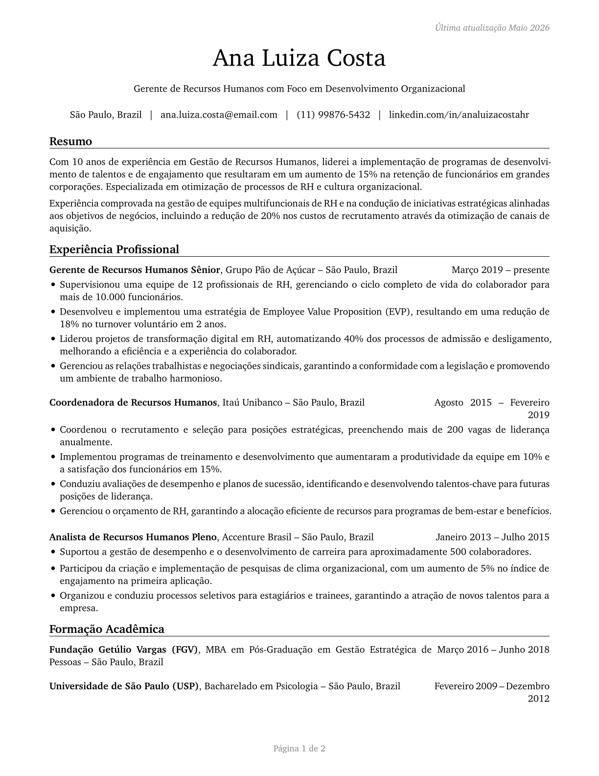 Human Resources Managers CV in Portuguese — page 1